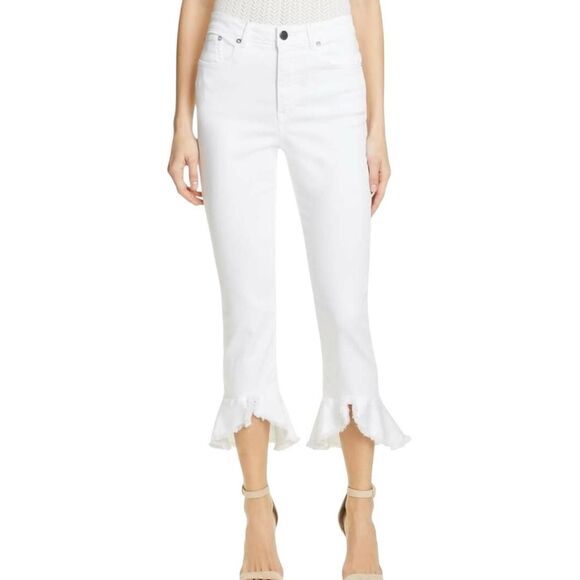 Alice + Olivia Denim - Alice + Olivia AO LA Zoe Ruffled Hem Jeans in White Vintage Sugar